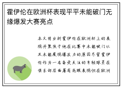 霍伊伦在欧洲杯表现平平未能破门无缘爆发大赛亮点