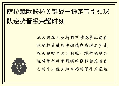 萨拉赫欧联杯关键战一锤定音引领球队逆势晋级荣耀时刻
